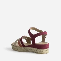 Sandale compensée prune en cuir velours