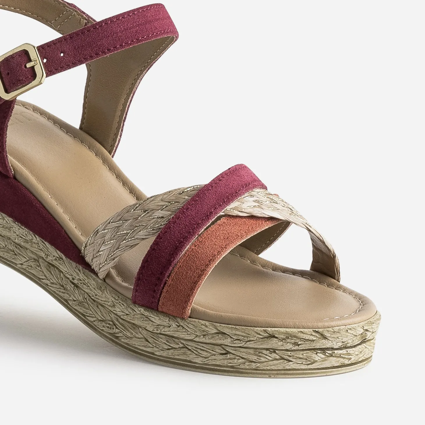 Sandale compensée prune en cuir velours