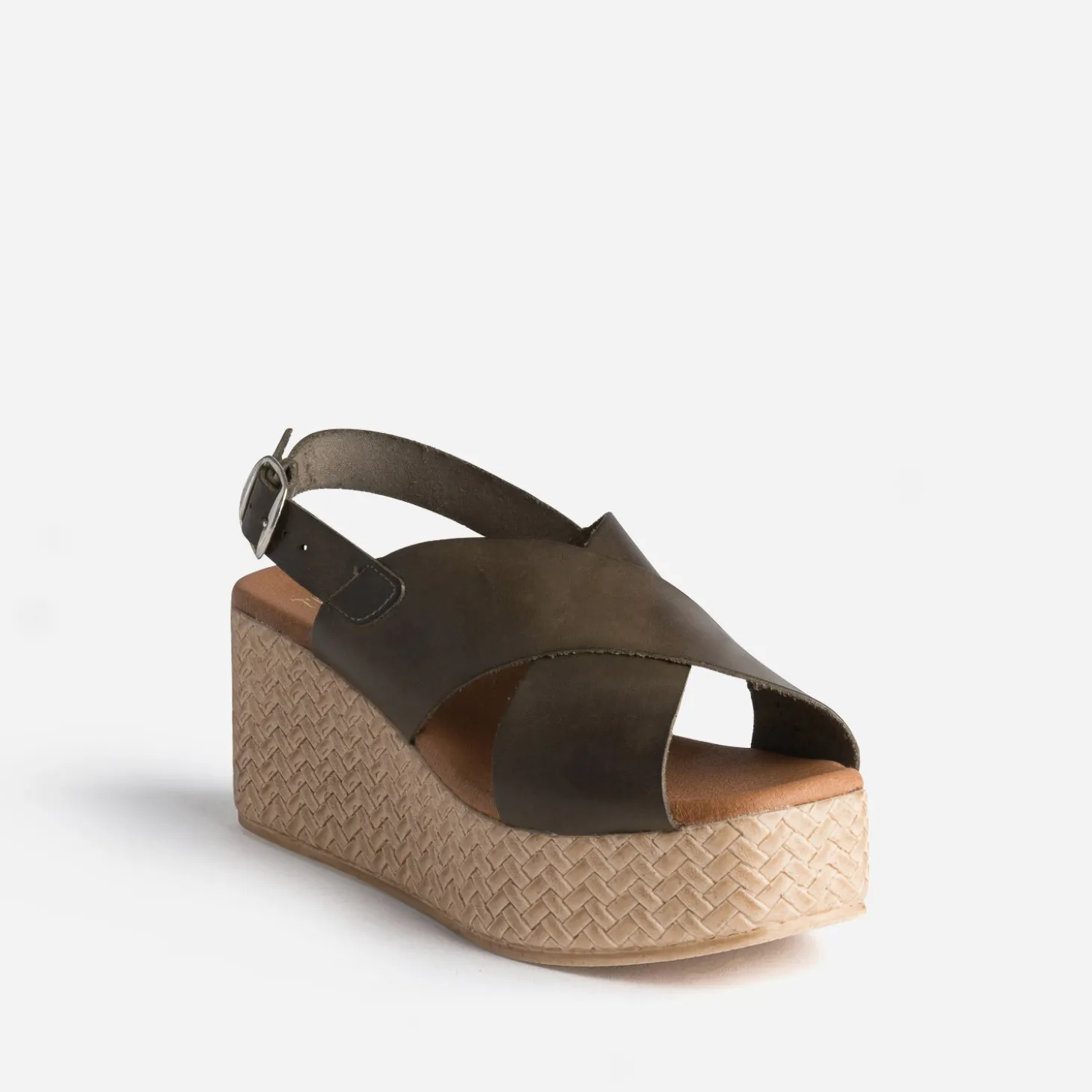 Sandale compensée TEXTO kaki en cuir