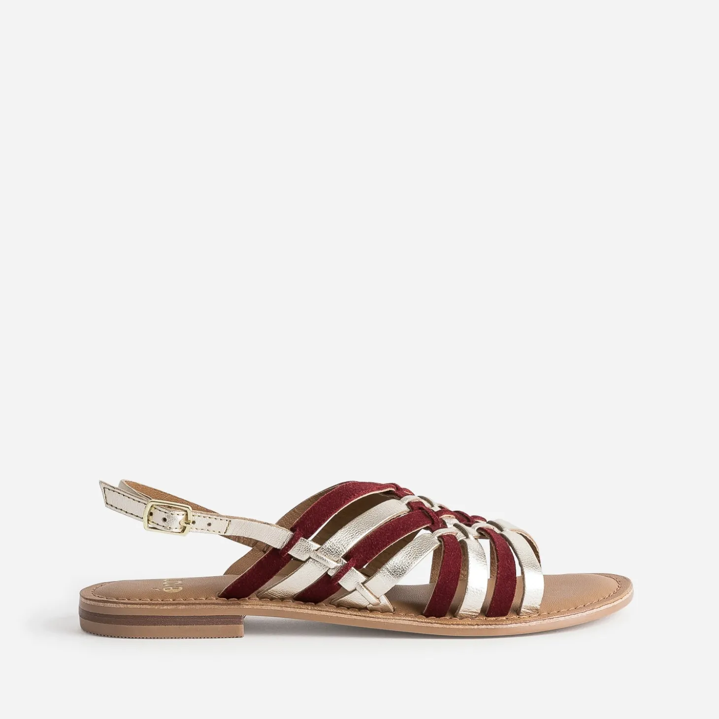 Sandale dorée et bordeaux en cuir tressé