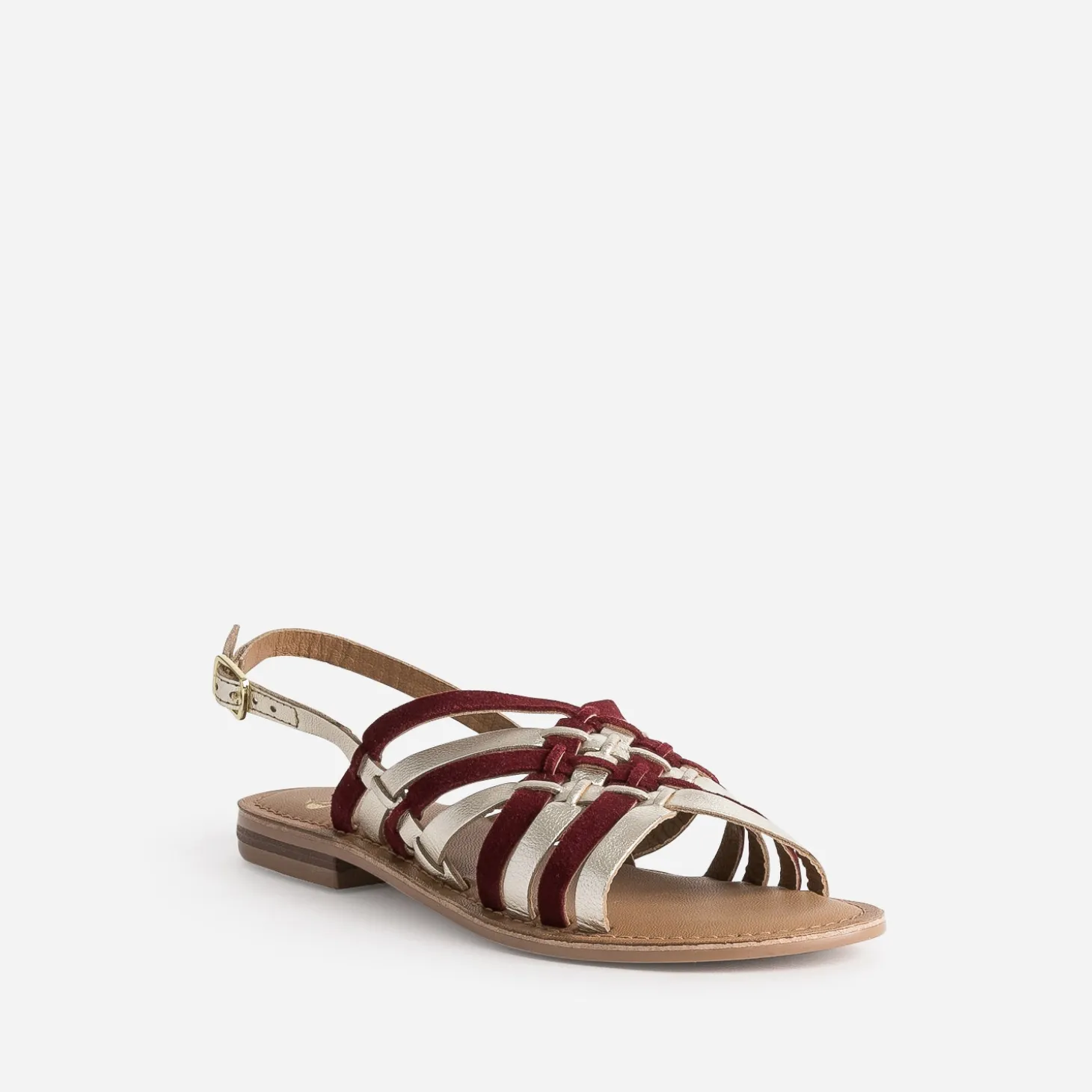 Sandale dorée et bordeaux en cuir tressé