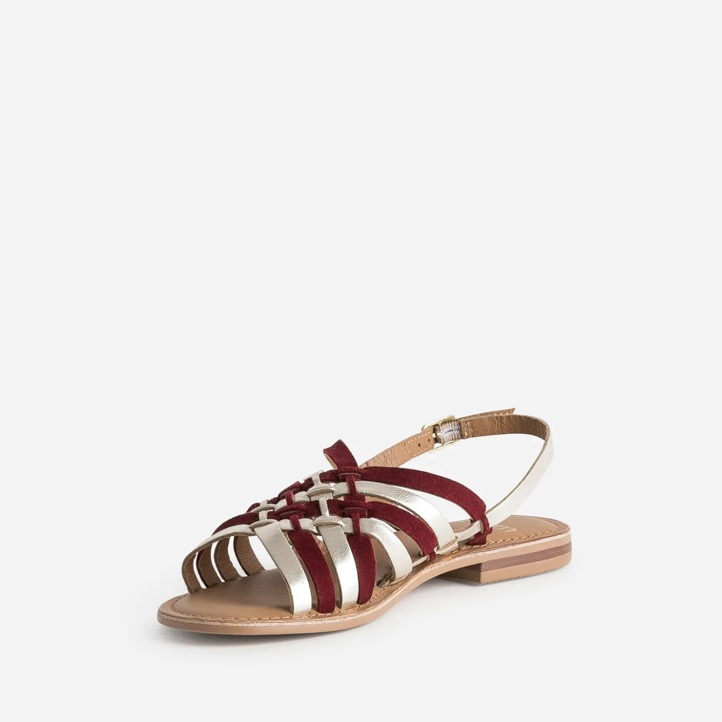 Sandale dorée et bordeaux en cuir tressé