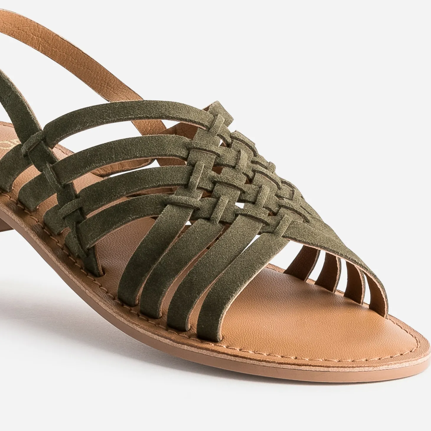 Sandale kaki en cuir velours tressé