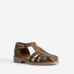 Sandale marron cuir velours effet léopard