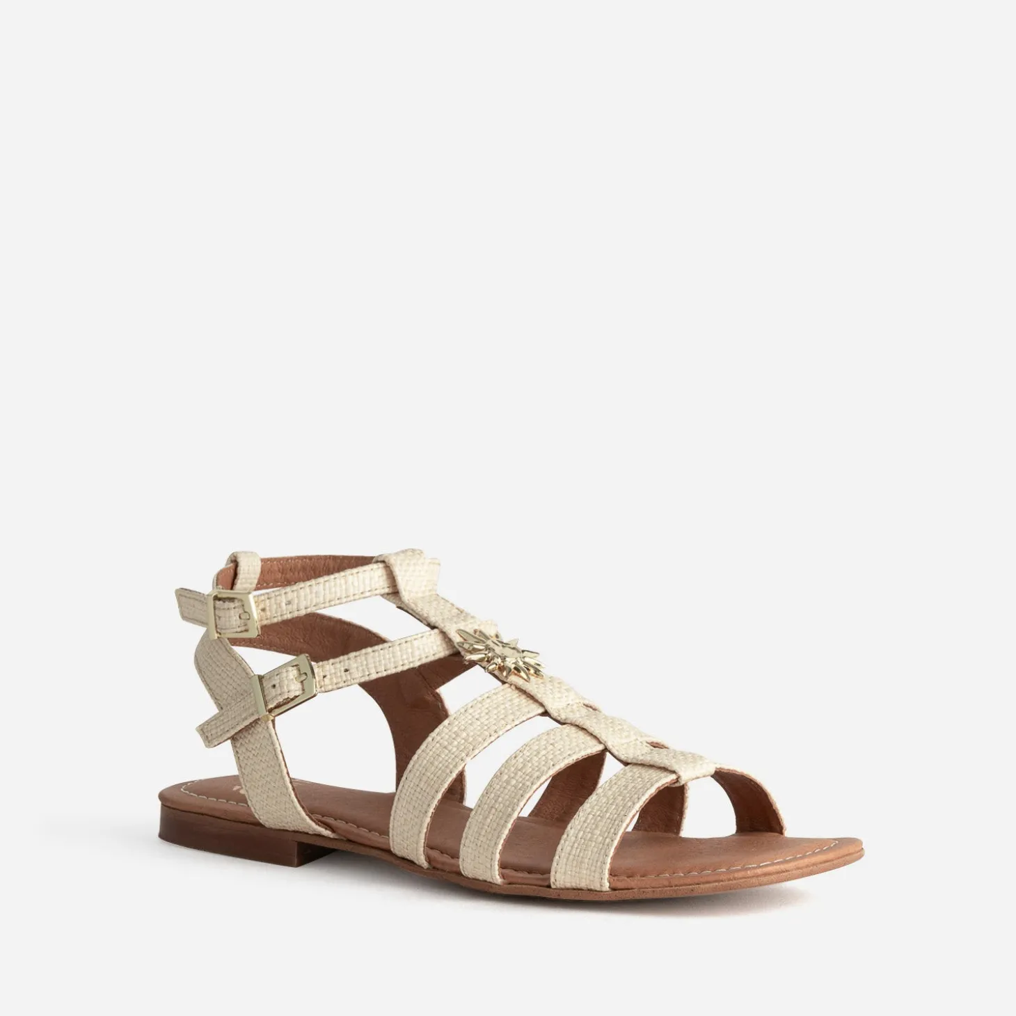 Sandale spartiate beige tressée décor soleil