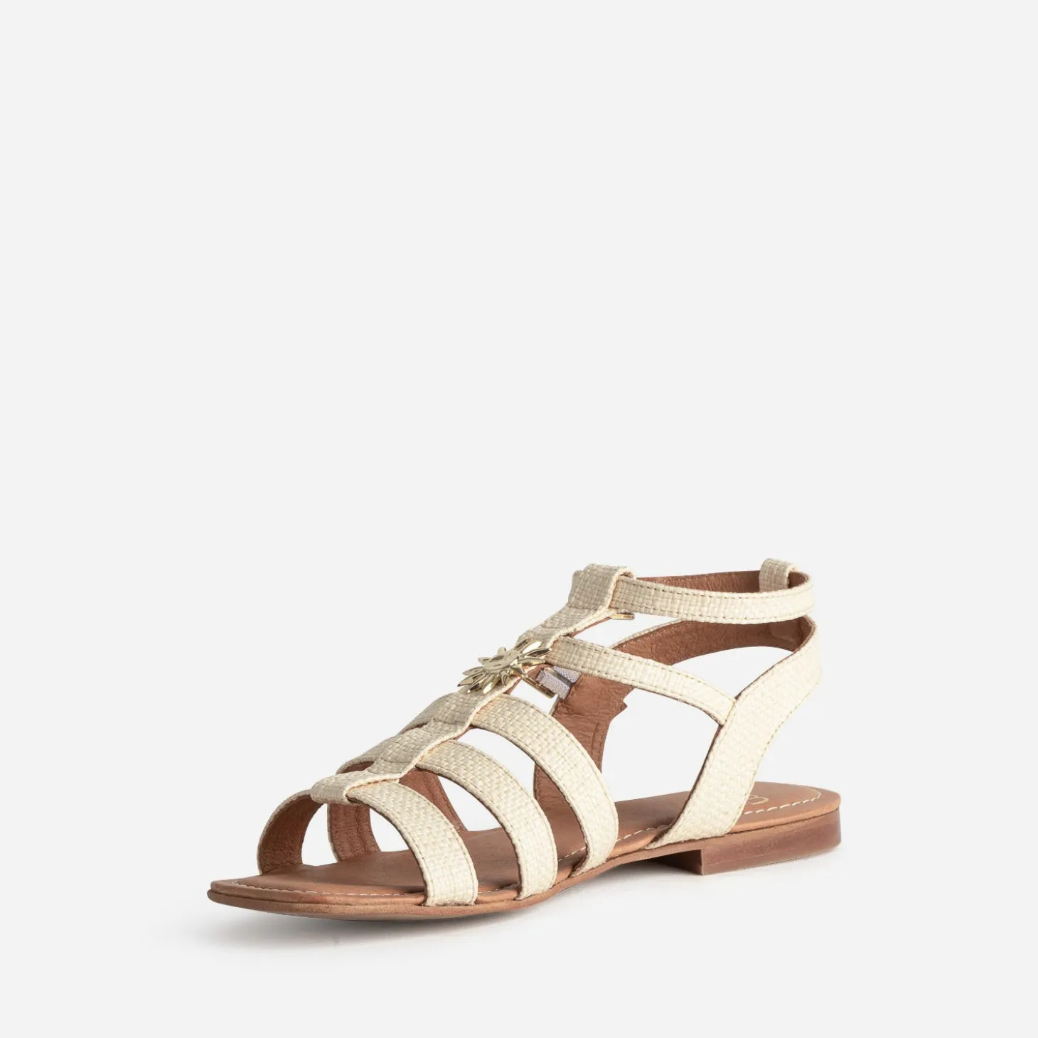 Sandale spartiate beige tressée décor soleil