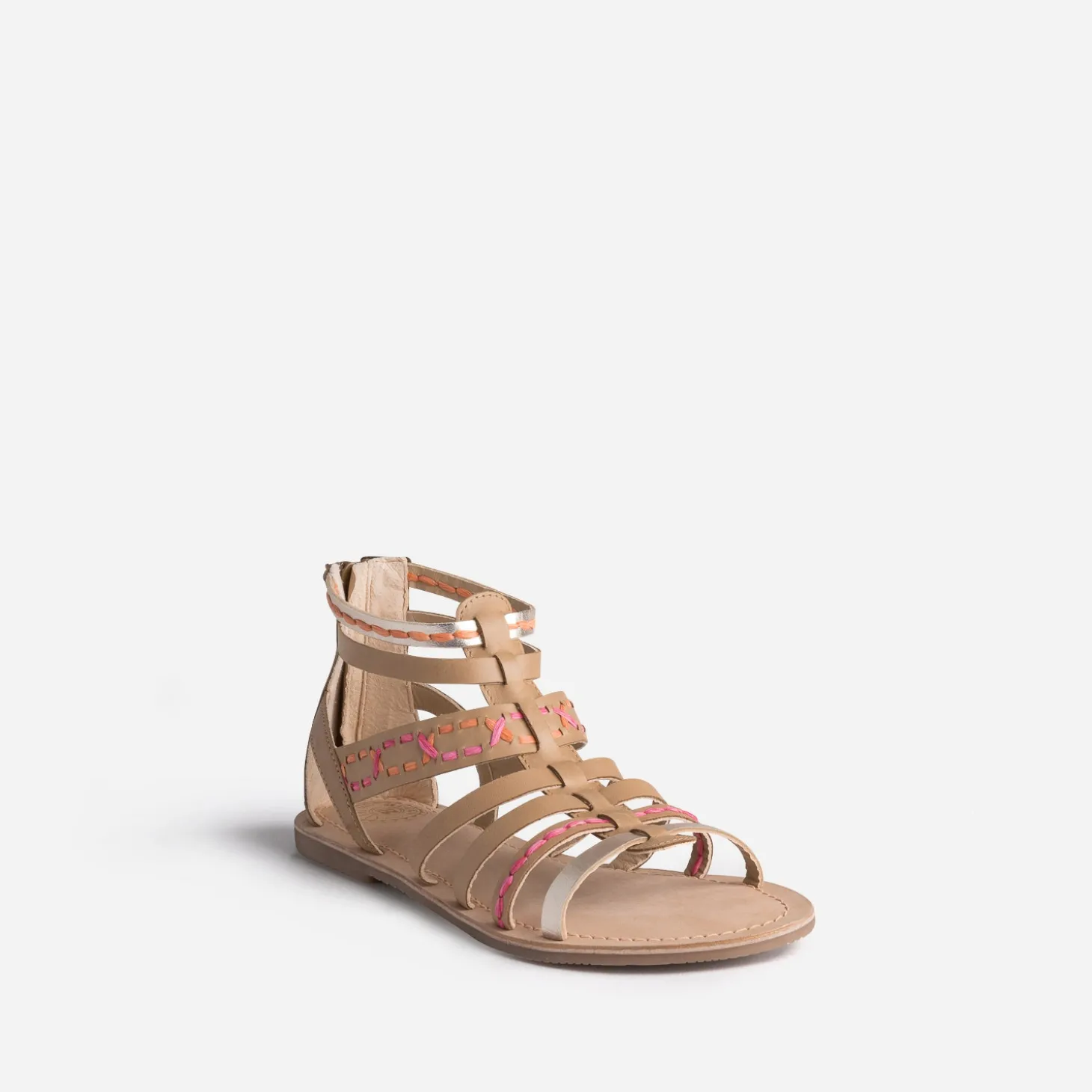 Sandale spartiate BUGGY beige en cuir broderies raphia