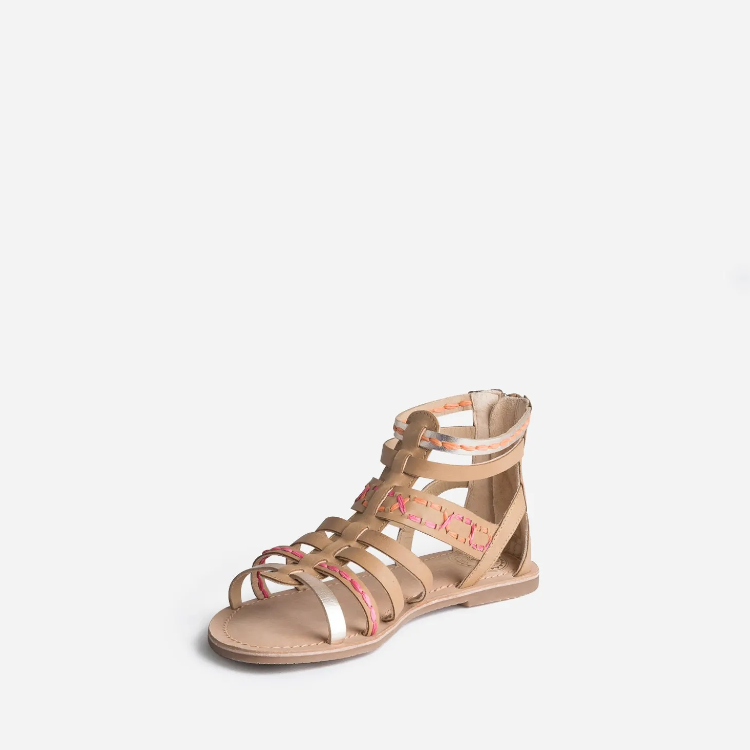 Sandale spartiate BUGGY beige en cuir broderies raphia