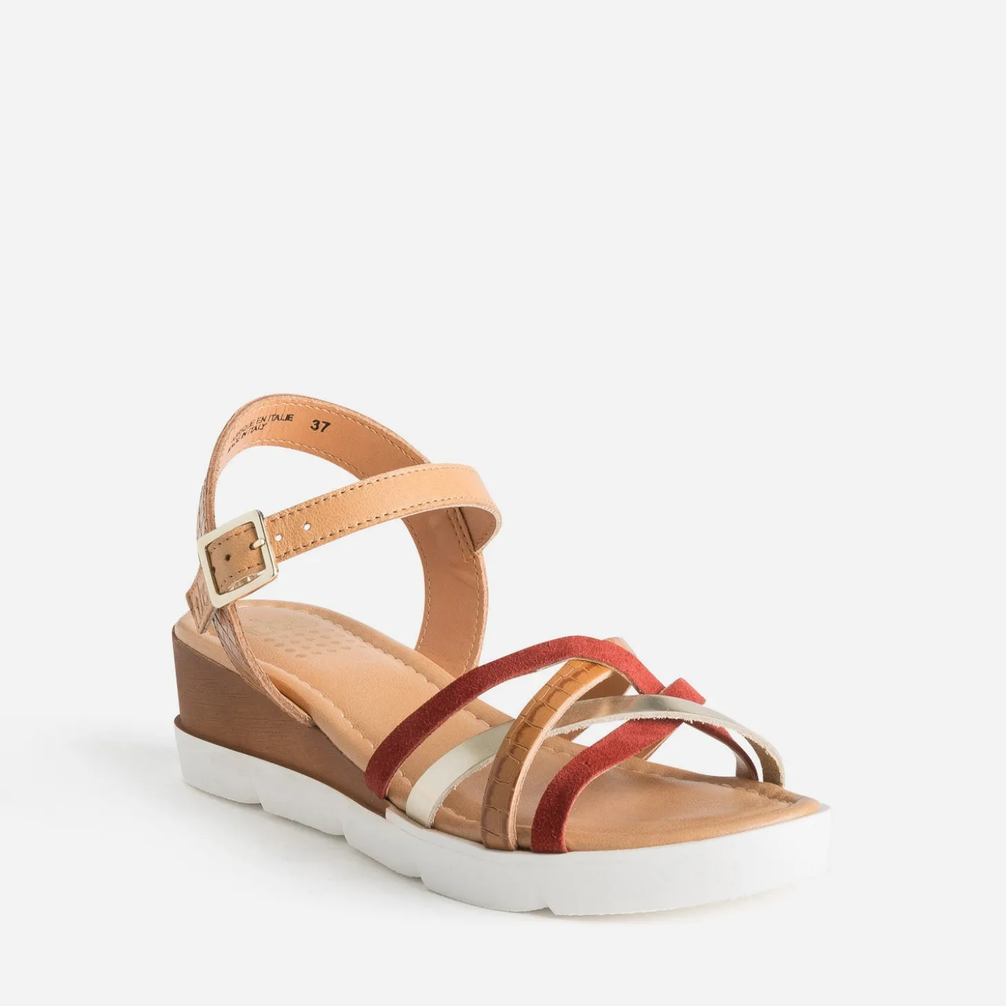 Sandale TBS cognac en cuir à brides rouille et dorée