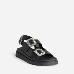 Sandale TEXTO noire cuir boucles strass