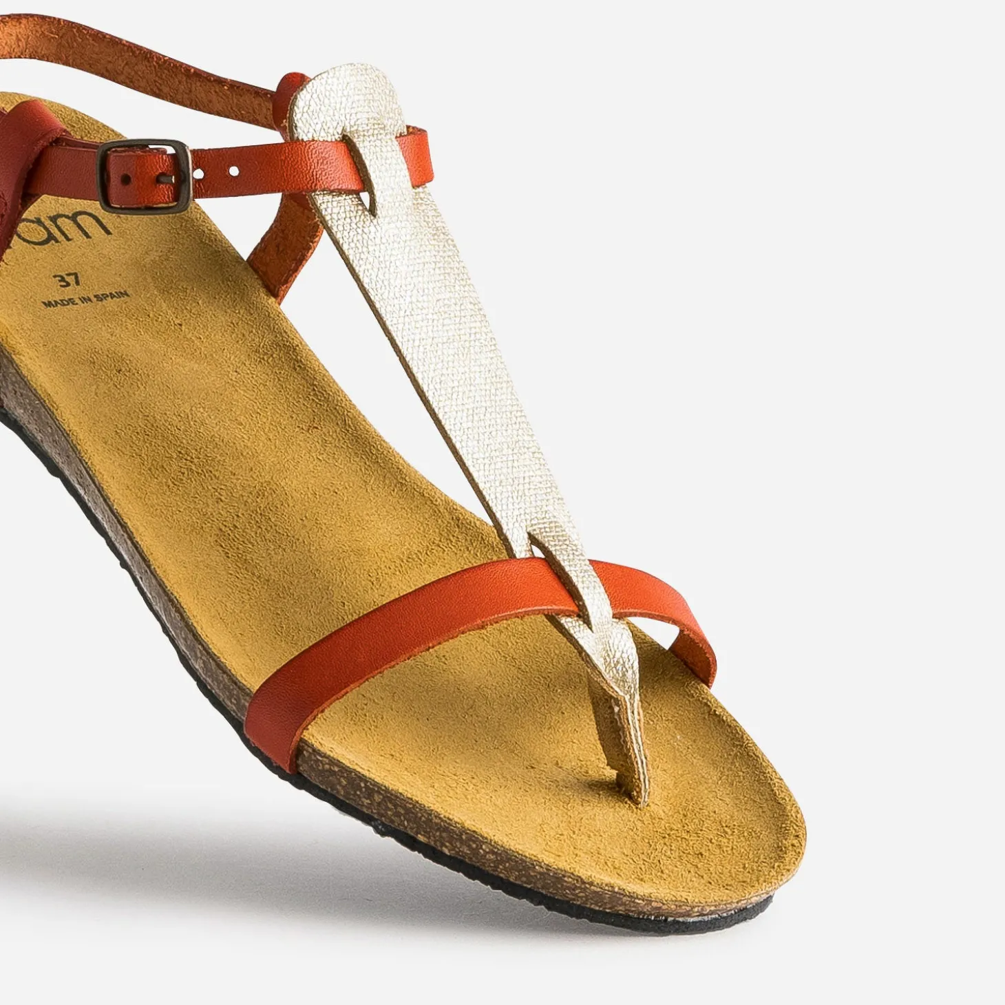 Sandale-tong anatomique rouge et doré en cuir