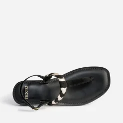 Sandale-tong TEXTO noir en cuir velours tressé or