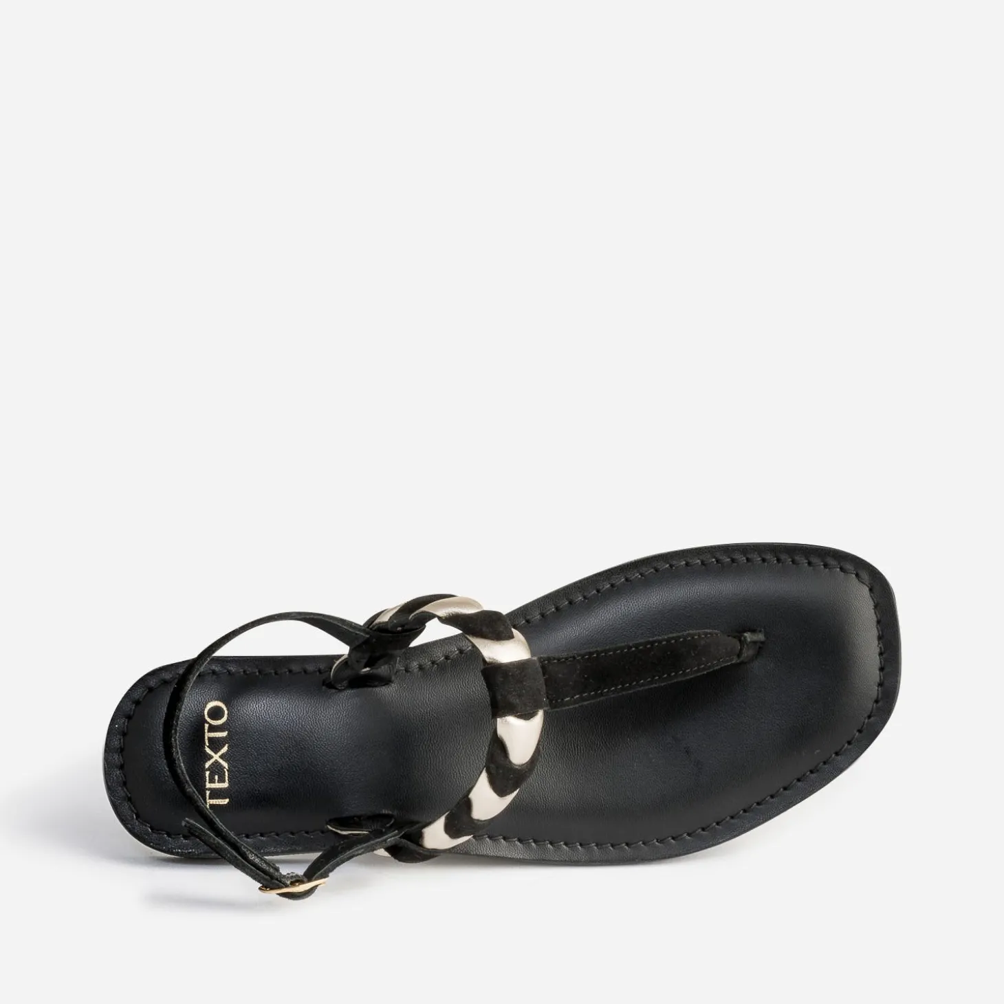 Sandale-tong TEXTO noir en cuir velours tressé or