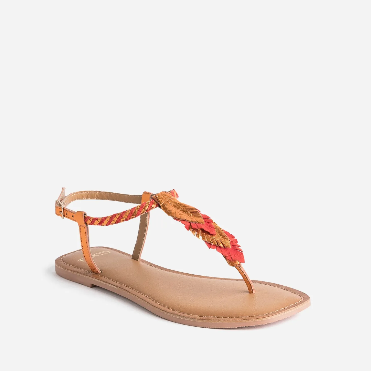 Sandale-tong TEXTO orange en cuir à plumes
