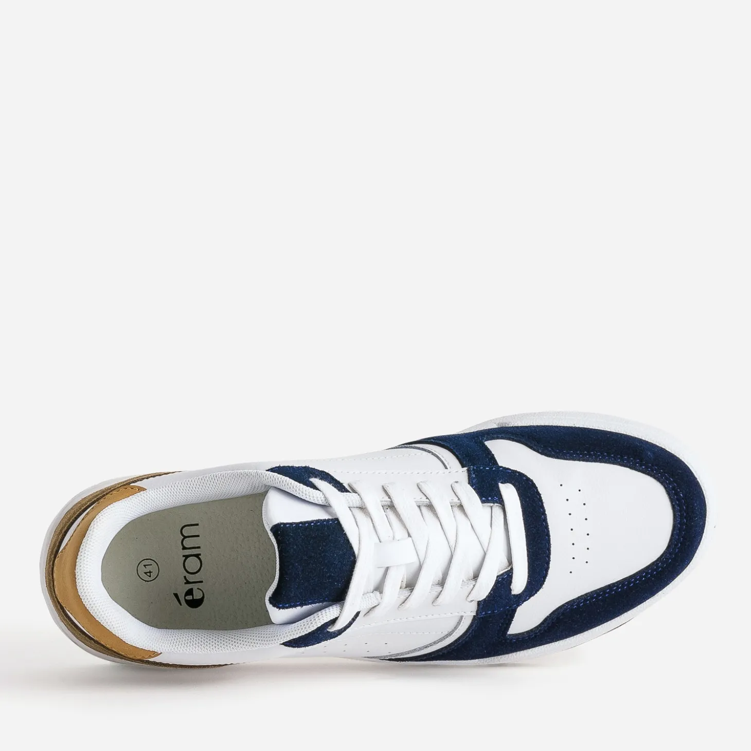 Tennis blanche cuir découpes marine et beige