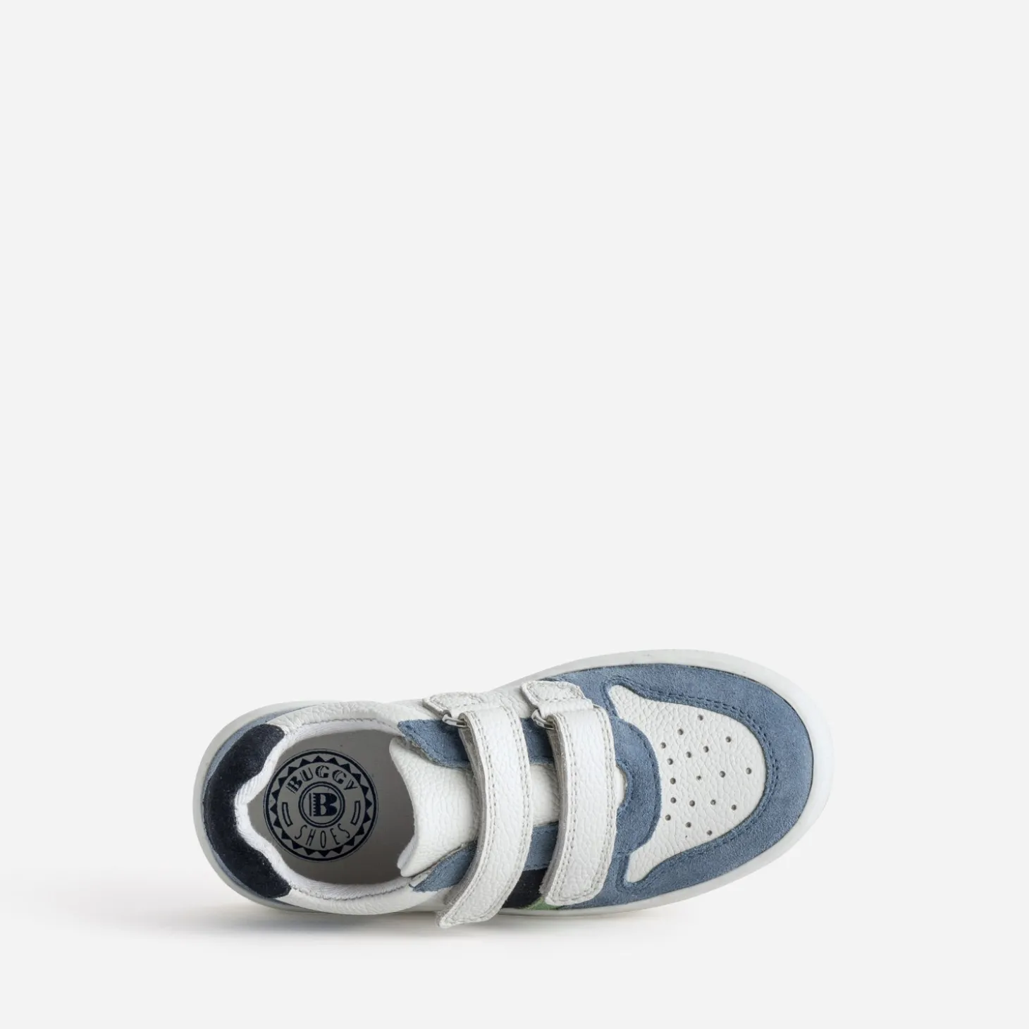 Tennis BUGGY blanc, bleu, vert cuir
