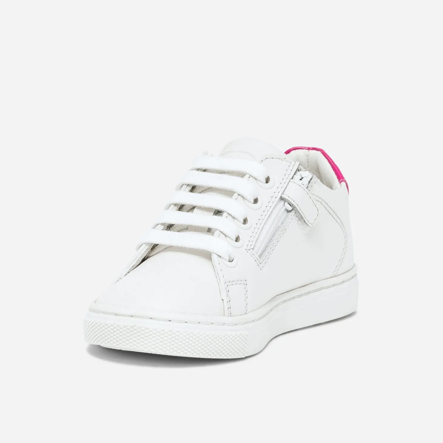 Tennis BUGGY blanche en cuir à contrefort rose fluo verni