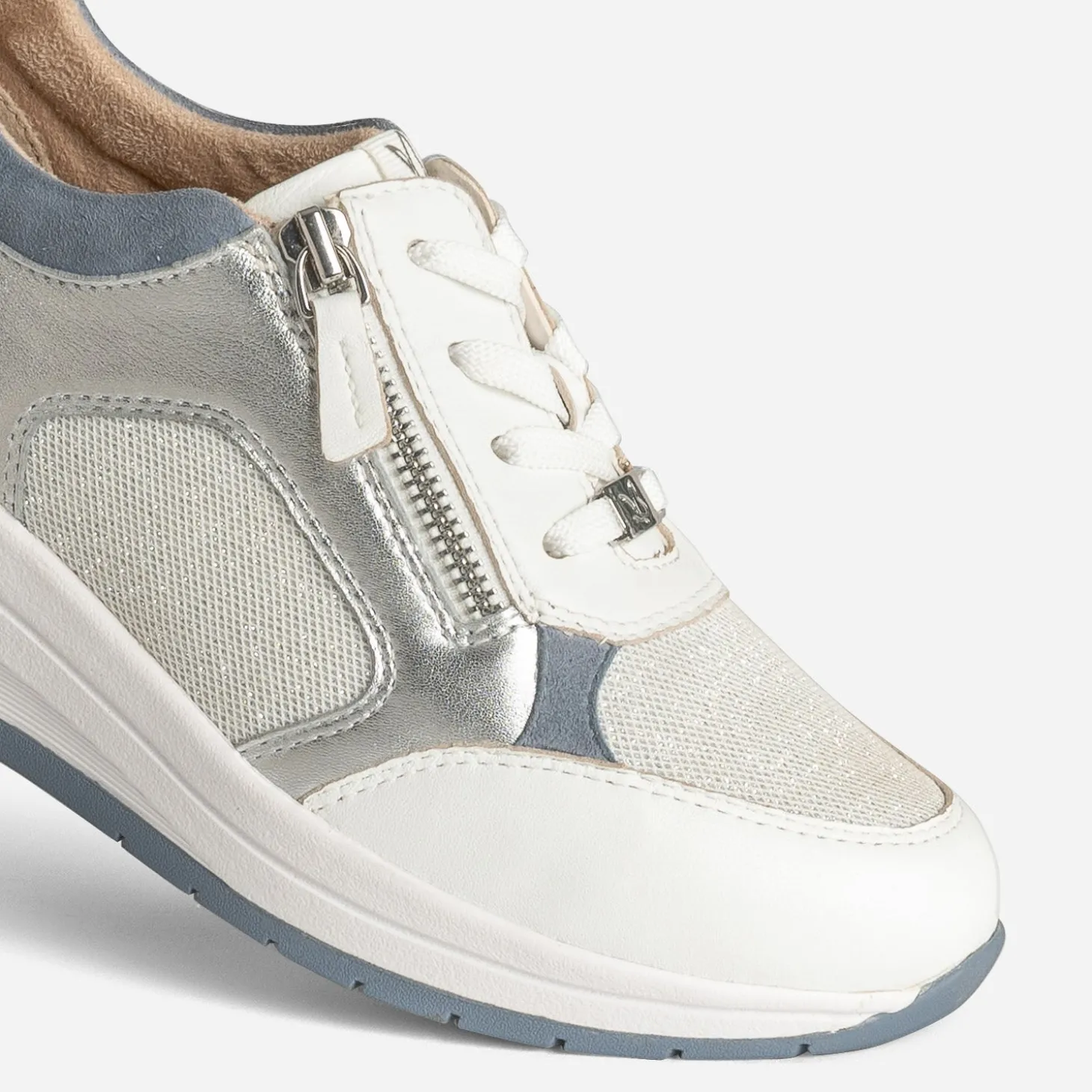 Tennis CAPRICE blanche, blanc argenté bi-matière