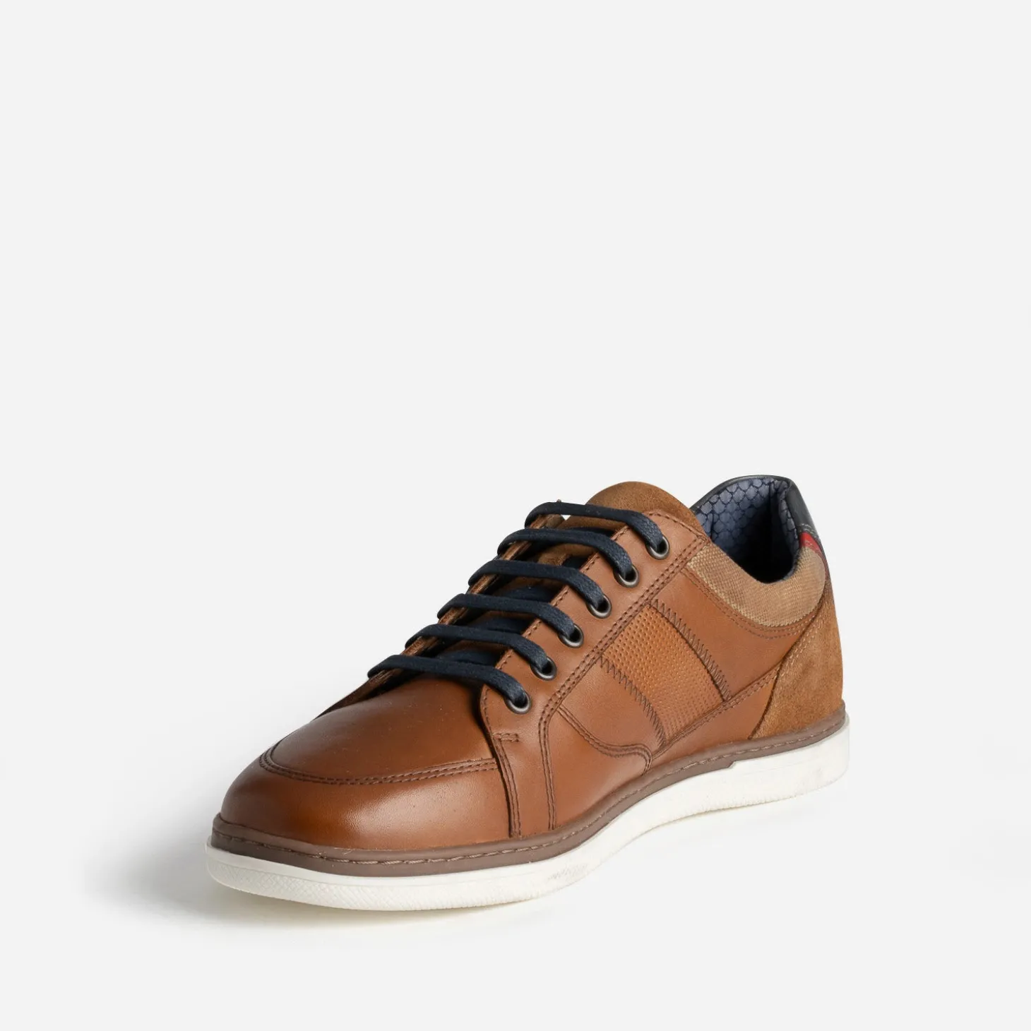 Tennis cognac cuir contrefort bleu marine