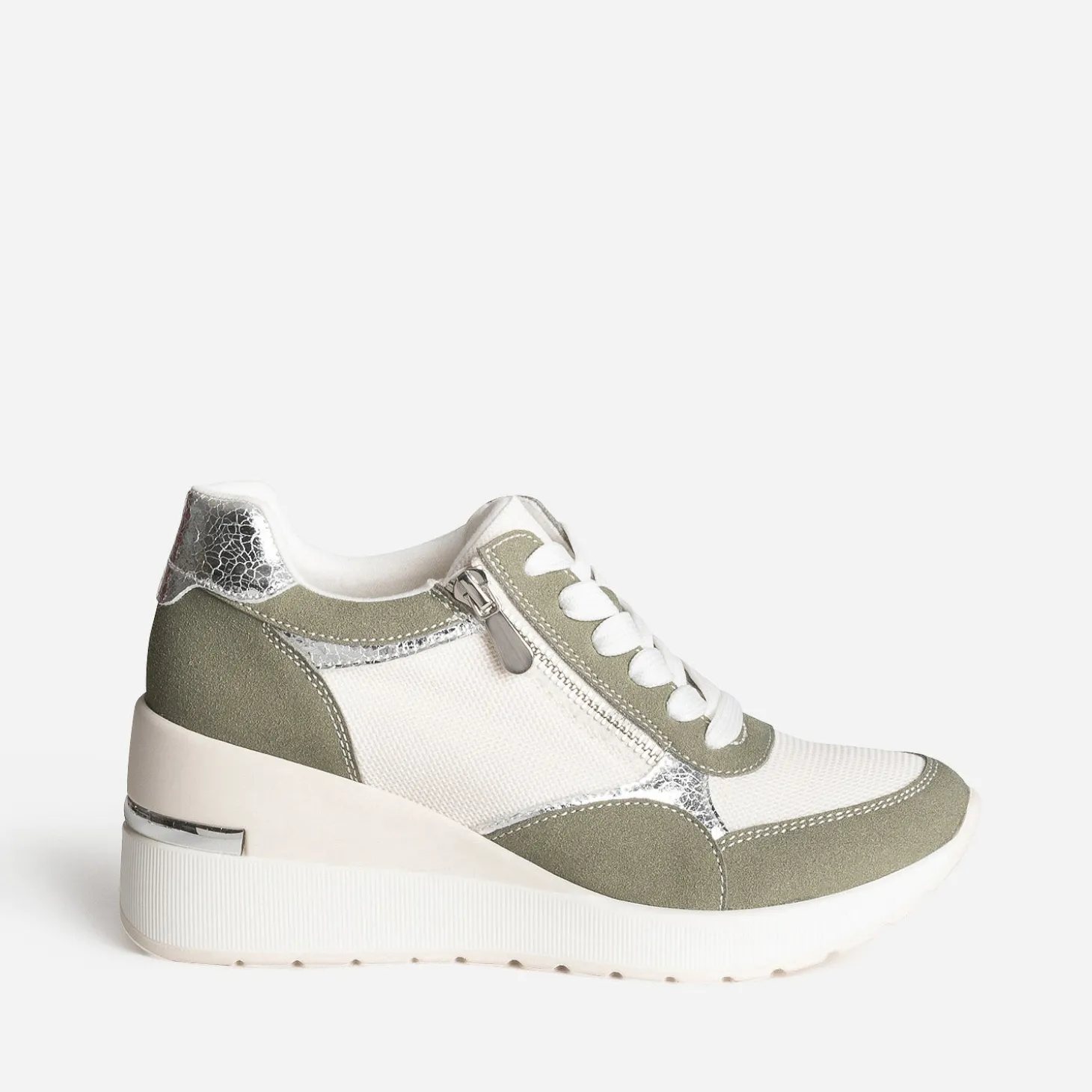 Tennis compensée kaki, blanc, argent métallisé