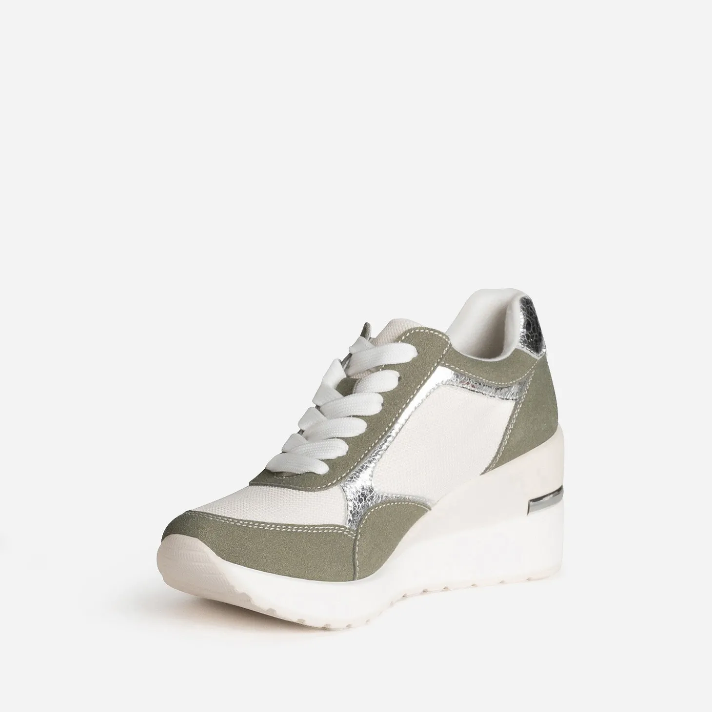 Tennis compensée kaki, blanc, argent métallisé