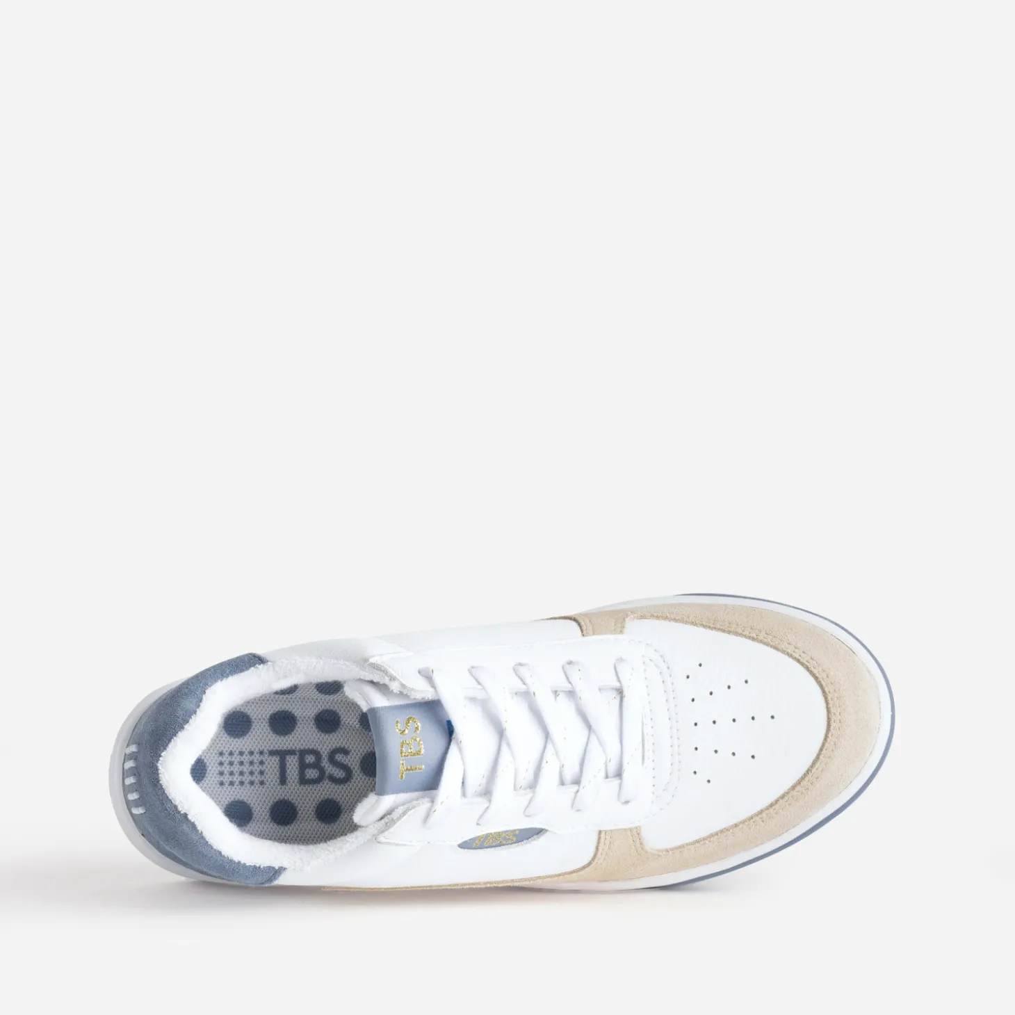 Tennis TBS blanche, beige et bleu ciel cuir