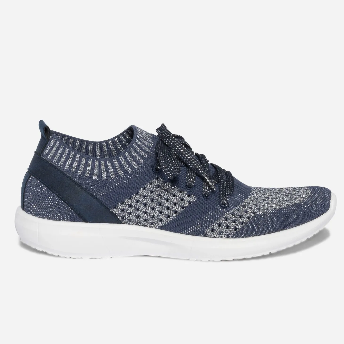 Tennis-chaussette bleue et argentée tricotée éco-conçue