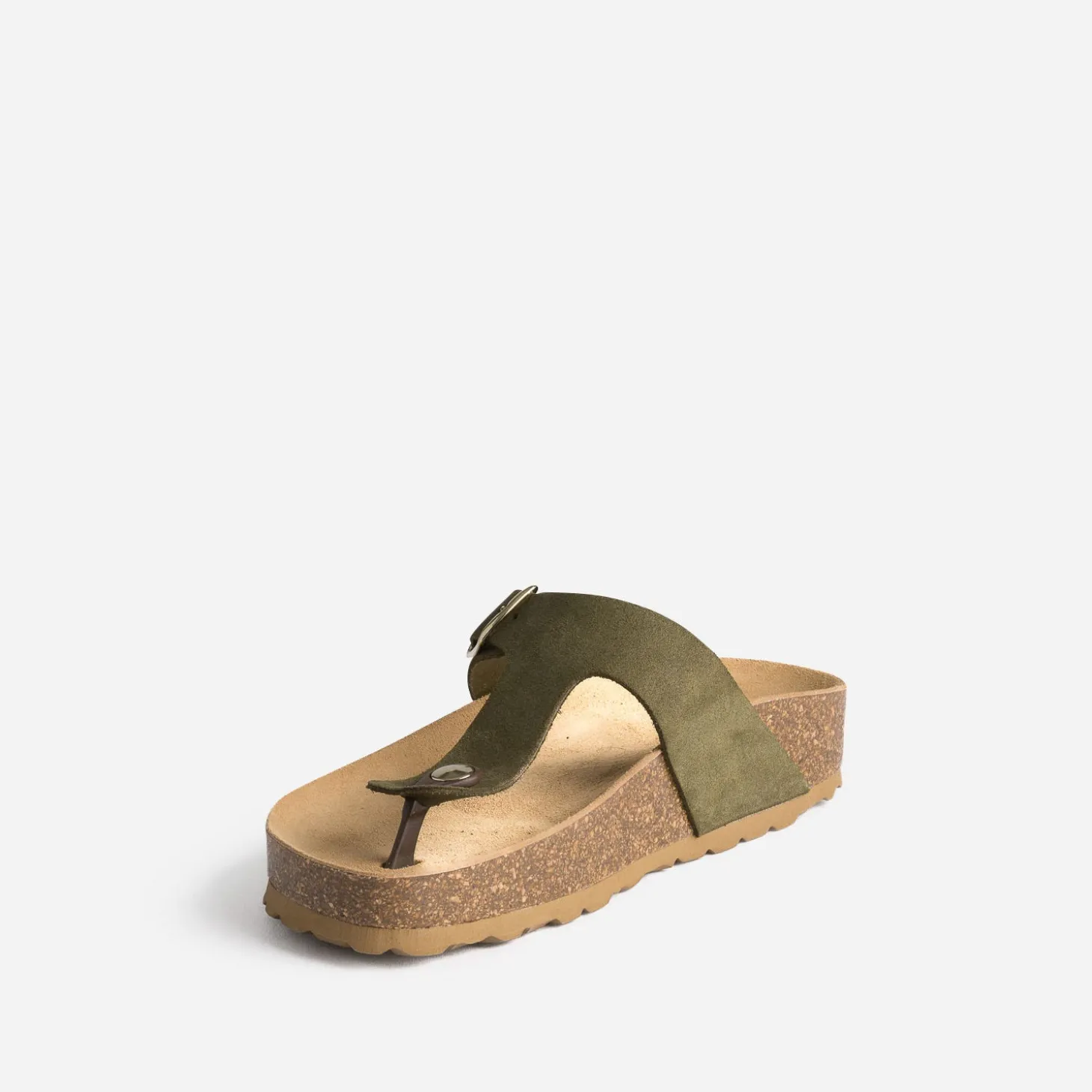 Tong anatomique kaki en cuir velours à plateforme